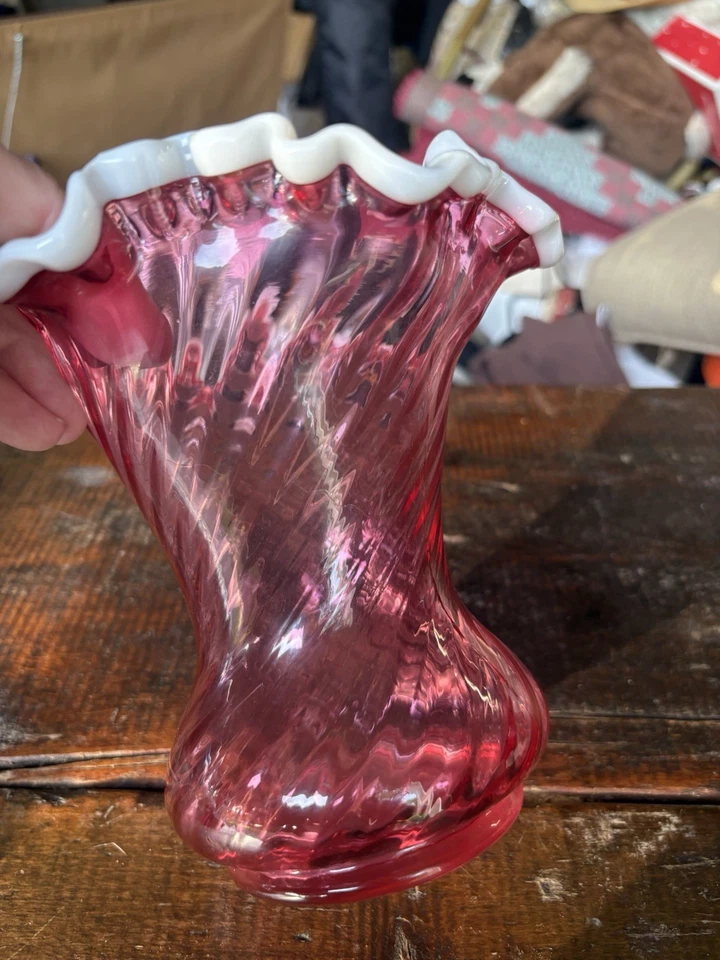 Fenton Cranberry Vintage Swirl Vase Ruby Snowflake White Edges 7" Glass Ruffle - Image 3 of 4