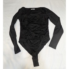 MANGOPOP Ruched Front Bodysuit Medium Black Excellent Square Neck Long Sleeve