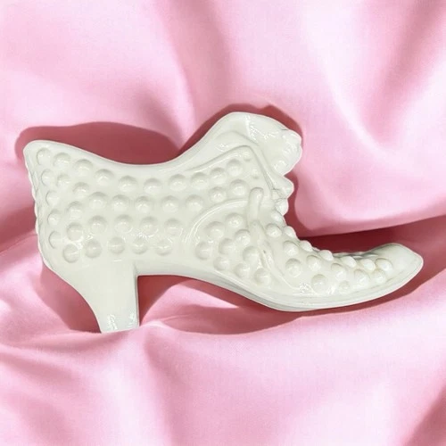 Vintage Fenton White Milk Glass Hobnail Shoe Slipper Cat Head MCM