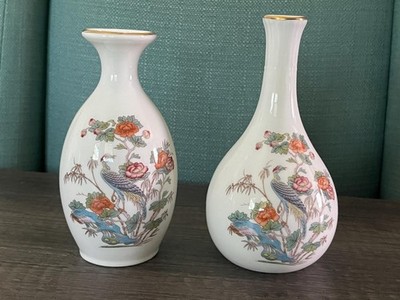 Vintage Set Wedgewood Kutani Crane 2 Vases Bud Vase 5-1/2'' Stem Vase Bone