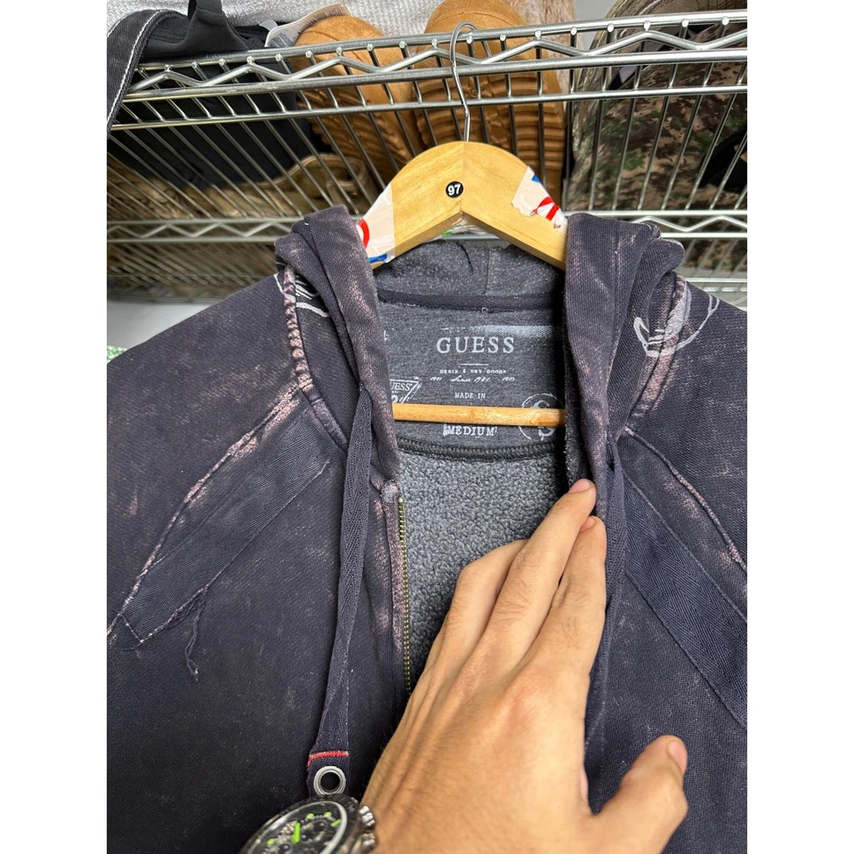 Guess Jeans Graphic Full Zip Hoodie Sweatshirt Distressed Design Mens Medium - Image 2 of 4