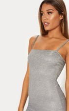 Pretty Little Thing Dress Mini Sparkly Square Neck Silver Gray - Size 4