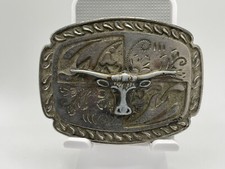 Bull Head Long Horn Floral Western Belt Buckle