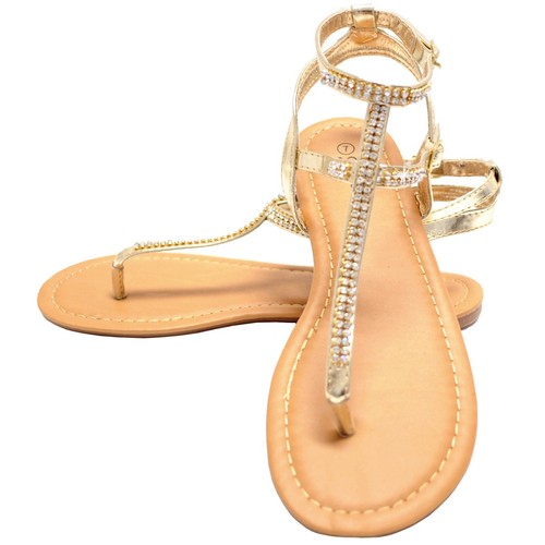 New women's shoes open toe t strap sandals rhinestones casual party gold summer - Picture 10 of 12