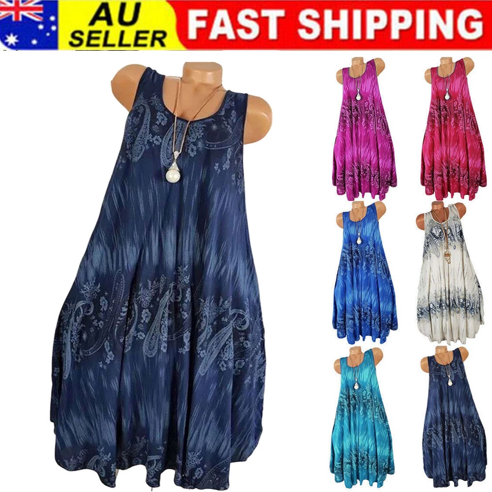 Women Summer Holiday Dress Tank Boho Beach Loose Floral Sun Dresses Plus Size