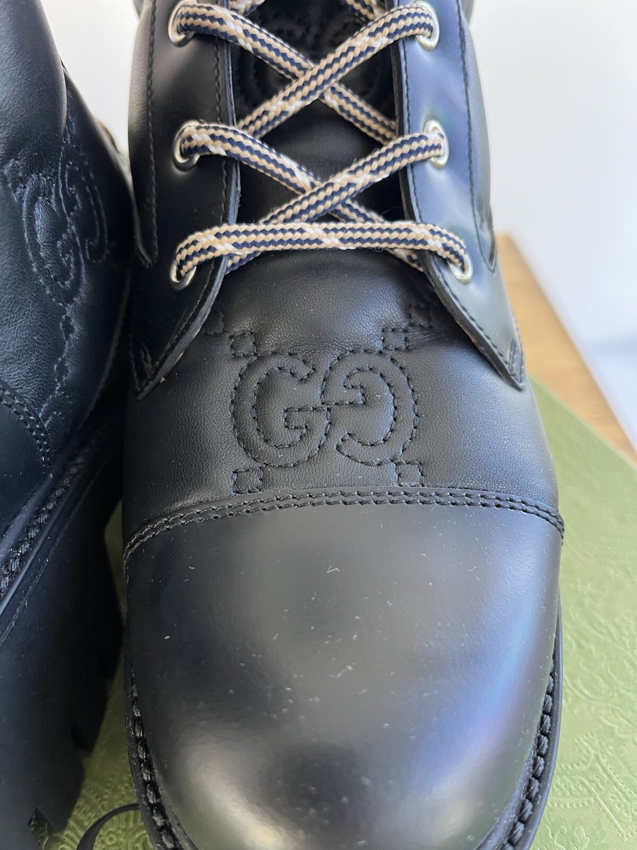 GUCCI BLACK QUILTED LACE UP LEATHER GG LOGO COMBAT BOOTS SZ