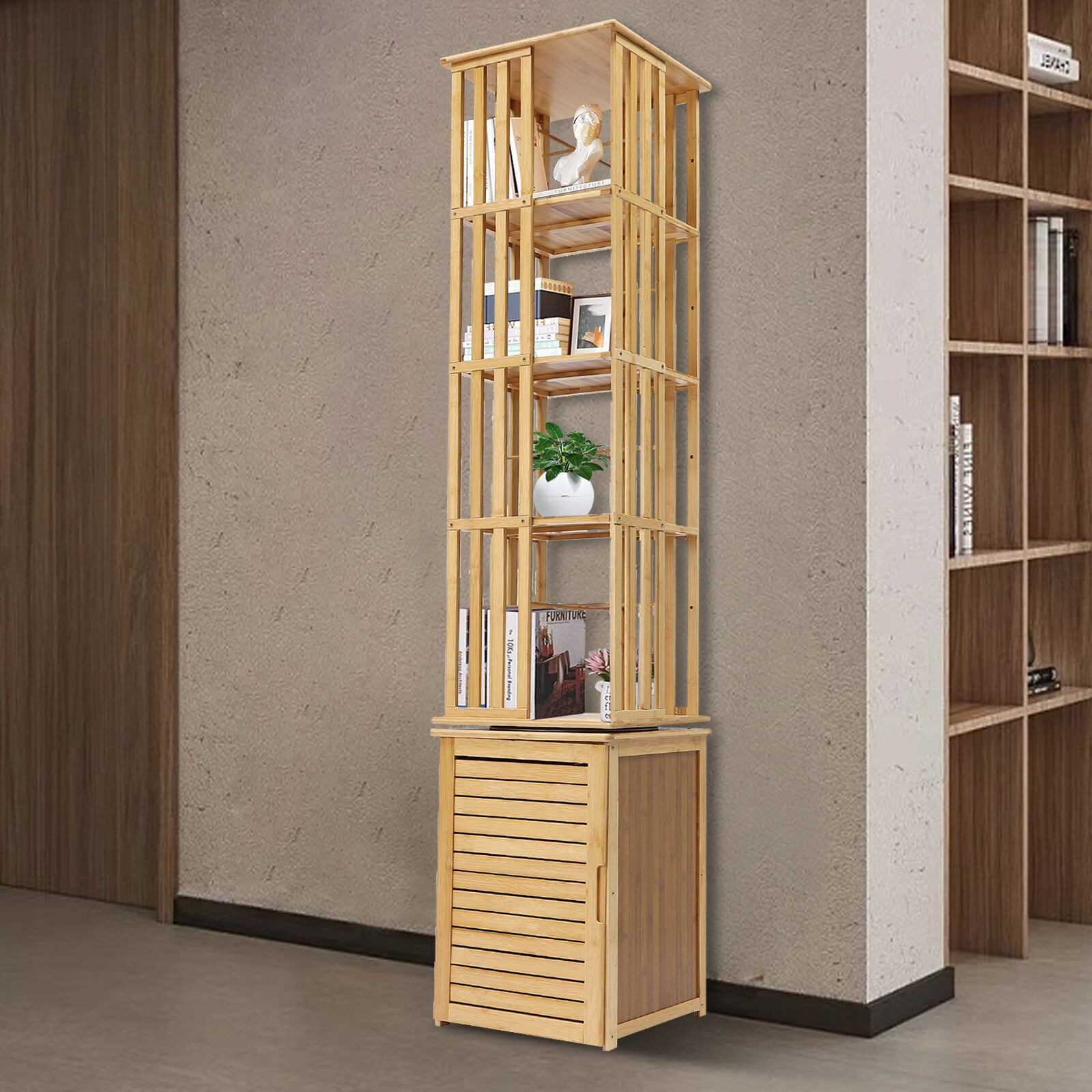 6-Tier Rotating Bamboo Bookcase Organizer for Corner Storage