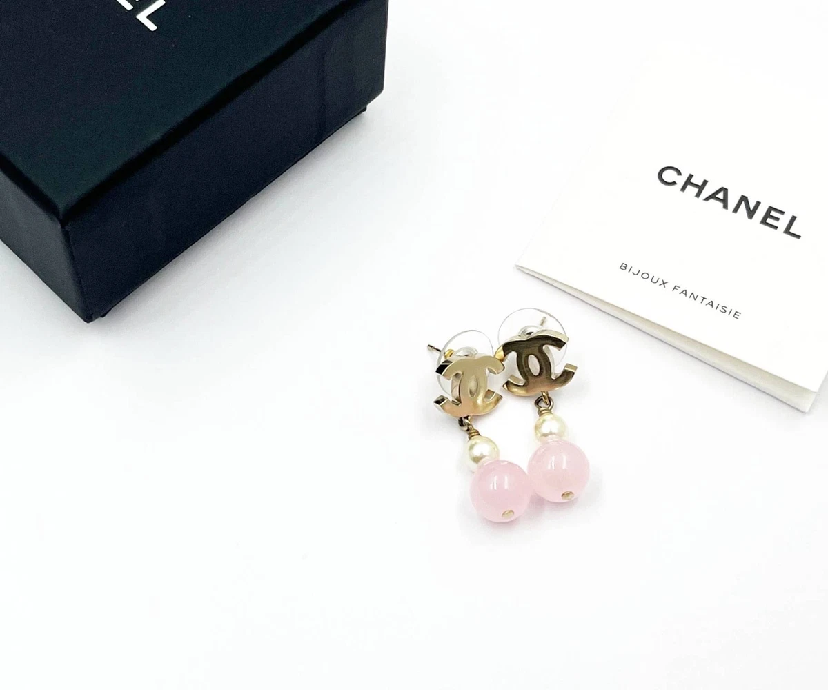 Chanel Pink Tweed Inlay Round CC Drop Earrings Chanel