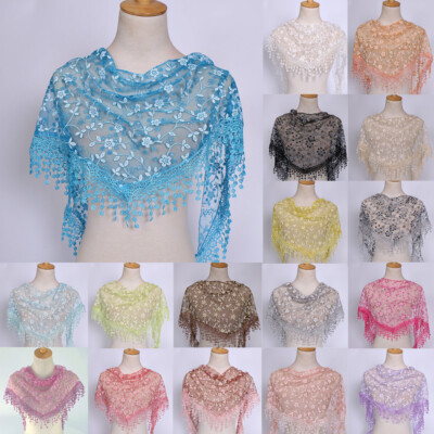Women Lace Triangle Scarf Neck Covers Tassel Headscarf Shawl Wrap Stoles Scarves