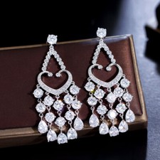 Dazzling Cubic Zirconia CZ Silver Plated Long Dangly Tassel Drop Wedding Earring