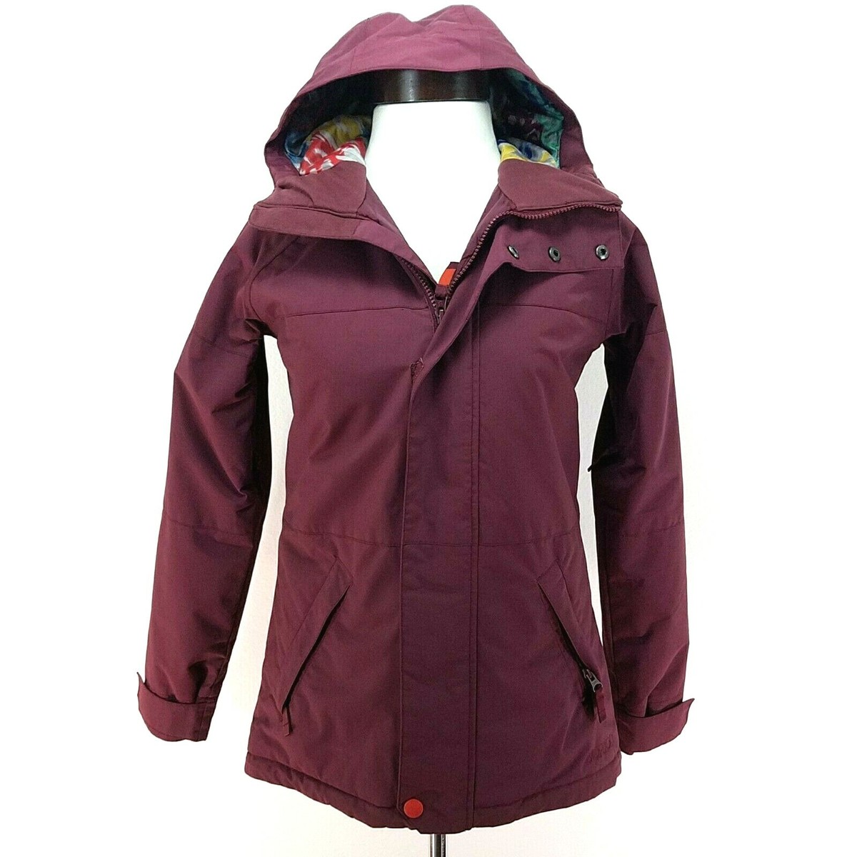 BURTON DryRide Hooded Ski Jacket Burgundy/Printed Lining Snowboard
