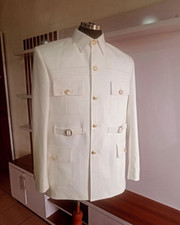 Classic Cream Men's Suits Safari Jacket Pockets Outdoor Casual Hunting Coat