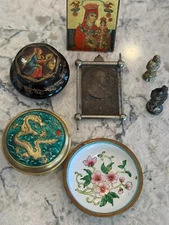 Vintage 7pc Religious & Asian Vanity Items- Pocket Shrine, Icons, Cloisonné, Box