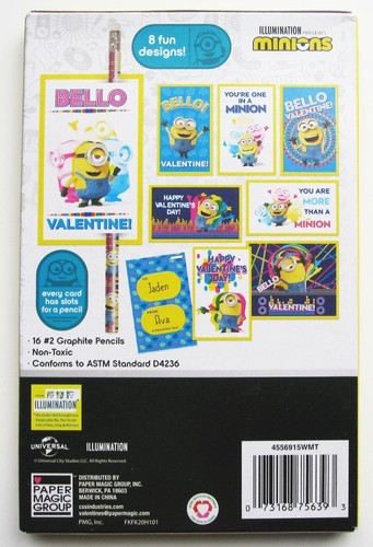 MINIONS Movie Valentine Day Cards Box of 16 Kids With Pencils BRAND NEW Official - Picture 2 of 2