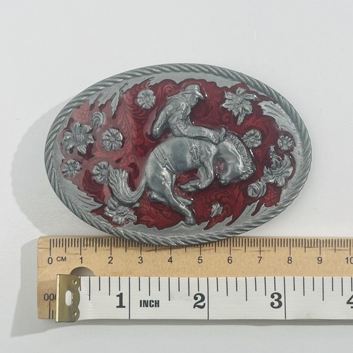 Vintage Great American Western Belt Buckle Rodeo Cowboy Red Enamel Pewter USA #1 - Picture 13 of 13