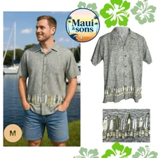 Maui and Sons Gray Surf Board Print Short Sleeve Top Button up mens Med