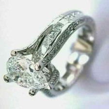 3CT Pear Shape Diamond Lab-Created Engagement Wedding Ring 14K White Gold Plated