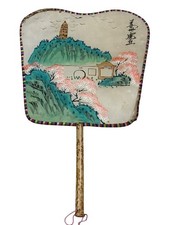 Handpainted Vintage Asian Folding Fan W/ Scenic Landscape Design Bamboo Handle