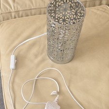 Silver Metallic Geometric Cut-Out Table Lamp Drum Shade Inline Switch E14 LED