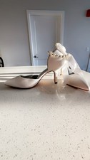 Bridal Wedding Shoes: White Satin Bowknot Pearl Beaded Ankle Strap .Sz 8