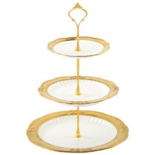 3 Tier Ceramic Cupcake Stand Tiered Serving Tray with Gold Rim White Embossed...