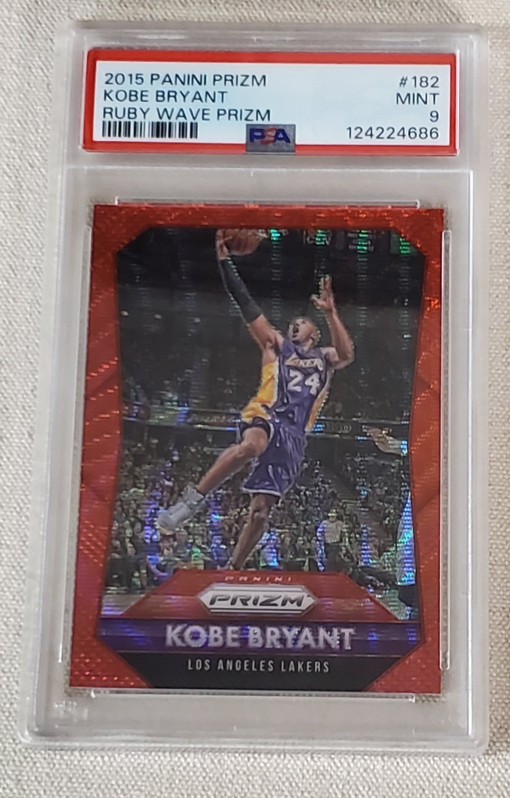 KOBE BRYANT 2015-16 PANINI PRIZM #182 RUBY WAVE Prizm /350 LA LAKERS PSA 9 MINT