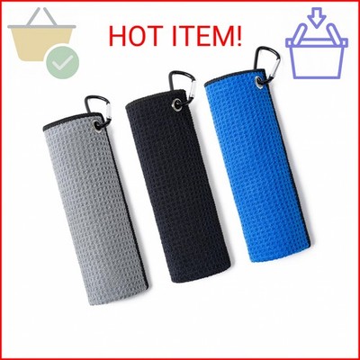 Husfunov 3 Pack Golf Towels(16'' X 16'') with Carabiner Clip,Microfiber Fabric Waf