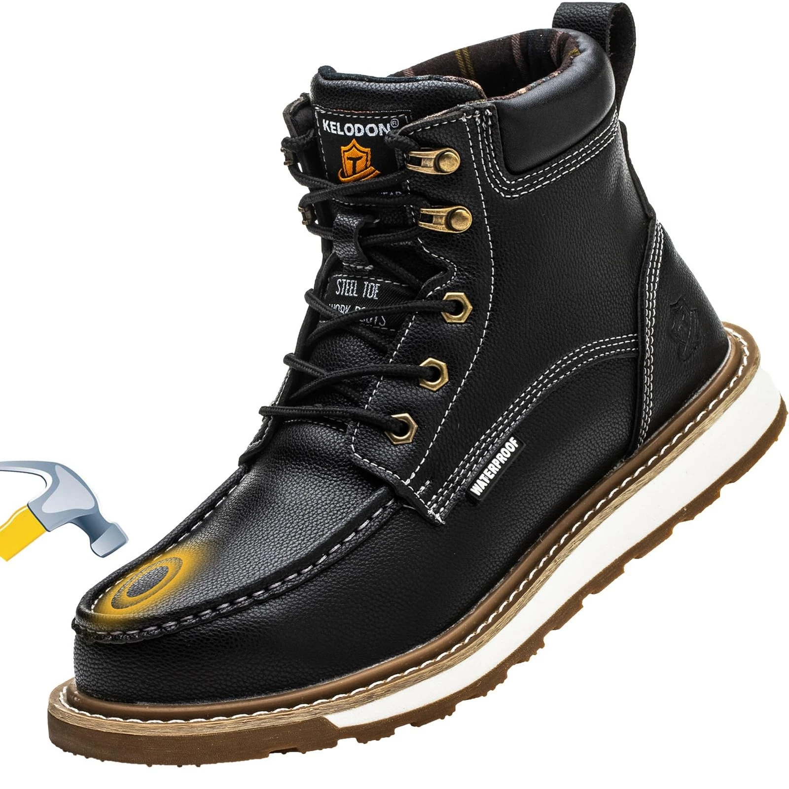 KELODON Waterproof Steel Toe Boots For Men6" Leather Moc Toe Work Boots Mens ...