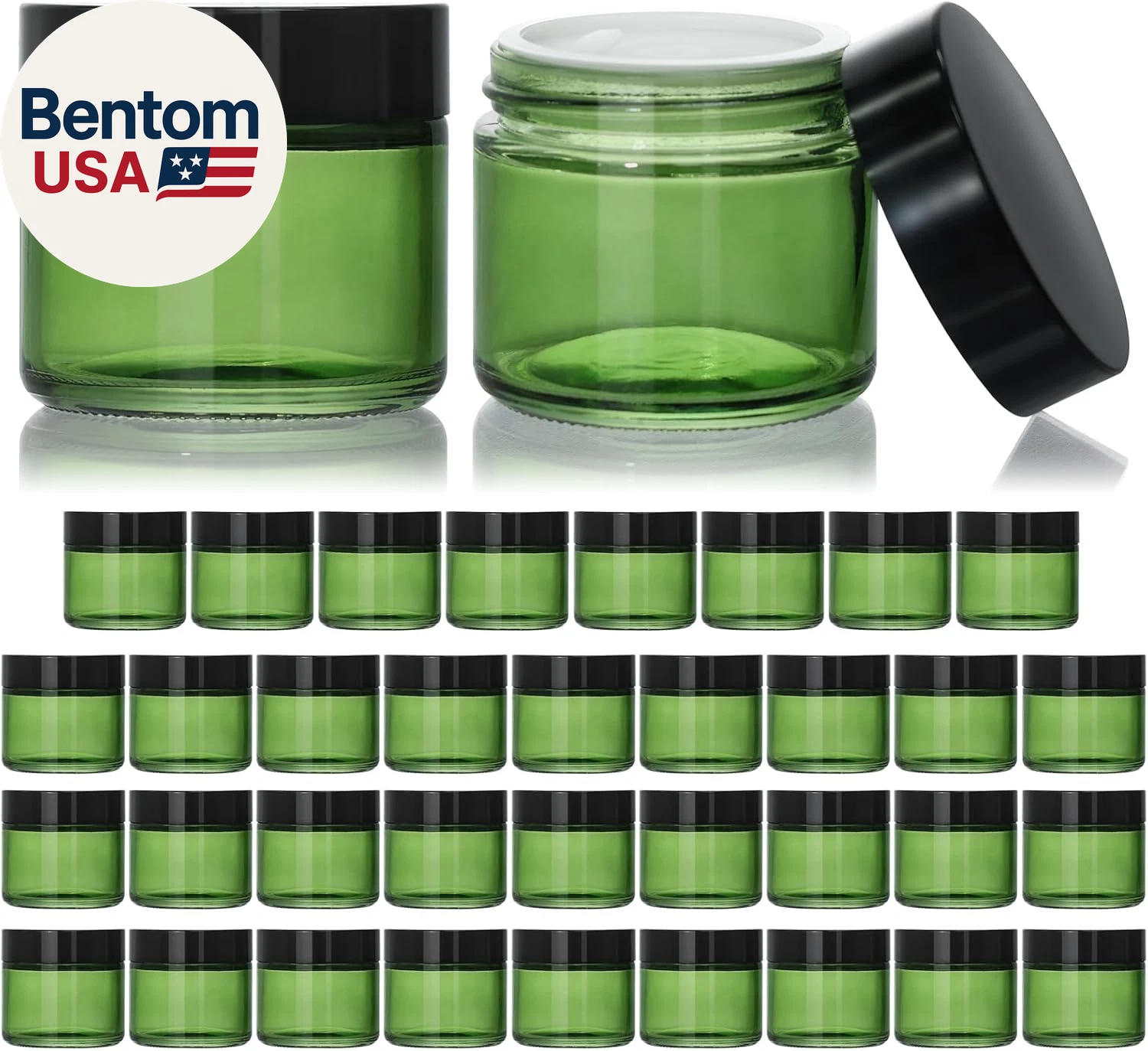 35 Pack 2 Oz Green Small Glass Jars with Black Lids, Empty Glass Cosmetic Jars w