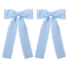 2pc Light Blue Chiffon Silk Satin Ribbon Hair Bow Clips Long Tail 5.5" Big Ha...