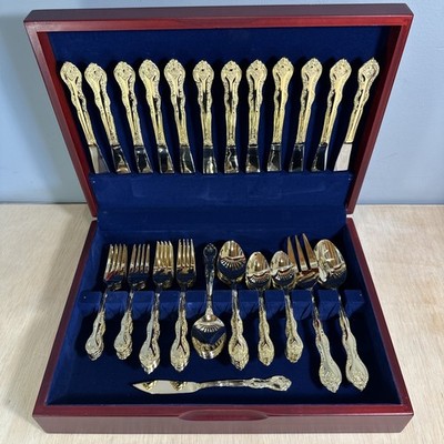 International Stainless 64-pcs SAN MARCOS Flatware Set Gold Electroplate w/box