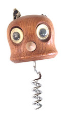 Vintage MCM Googly Eye Owl Head Leather 1TLC Ears Wood Corkscrew 2-5/8"