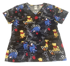 DISNEY V-Neck Scrub Top Women's Medium Black Multi-Color w/Disney Characters