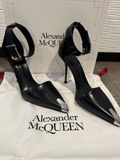 Alexander McQueen Black Leather Pointed Toe Pumps Ankle Strap Metallic Toe 40