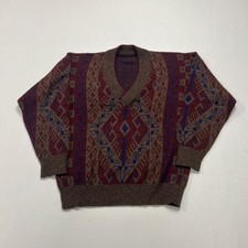 Vintage Knitted Jumper Abstract Patterned V-Neck Grandad Knit Sweater Men's L