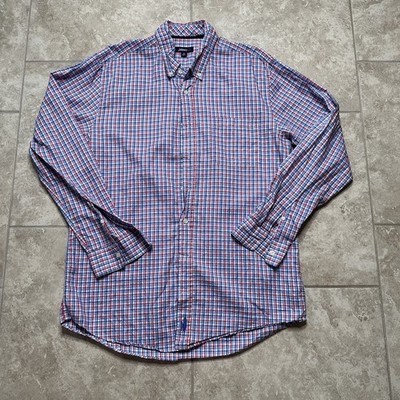Johnnie O Linen Blend Shirt Mens XL Red Blue Plaid Button Down Classic Preppy