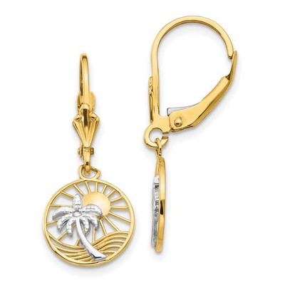 Ohrringe Damen 14 Karat und weiß Rhodium Palme und Sonne im Kreis Leverback