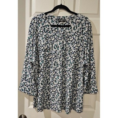 Karl Lagerfeld Paris Floral Blouse Womens 2X Black Blue Green Stretch Career Top