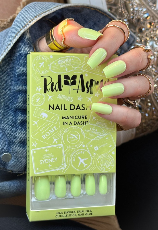 Red Aspen Press On Nails- Jet- Setter Janessa-Coffin Medium Lime Green