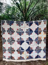 Antique Handmade Quilt 75x68 Log Cabin Barn Raising Indigo 1890s Civil Cutter