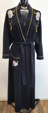 VTG Vanity Fair Black Velour Robe with Embroidered Pink Florals Women's Medium