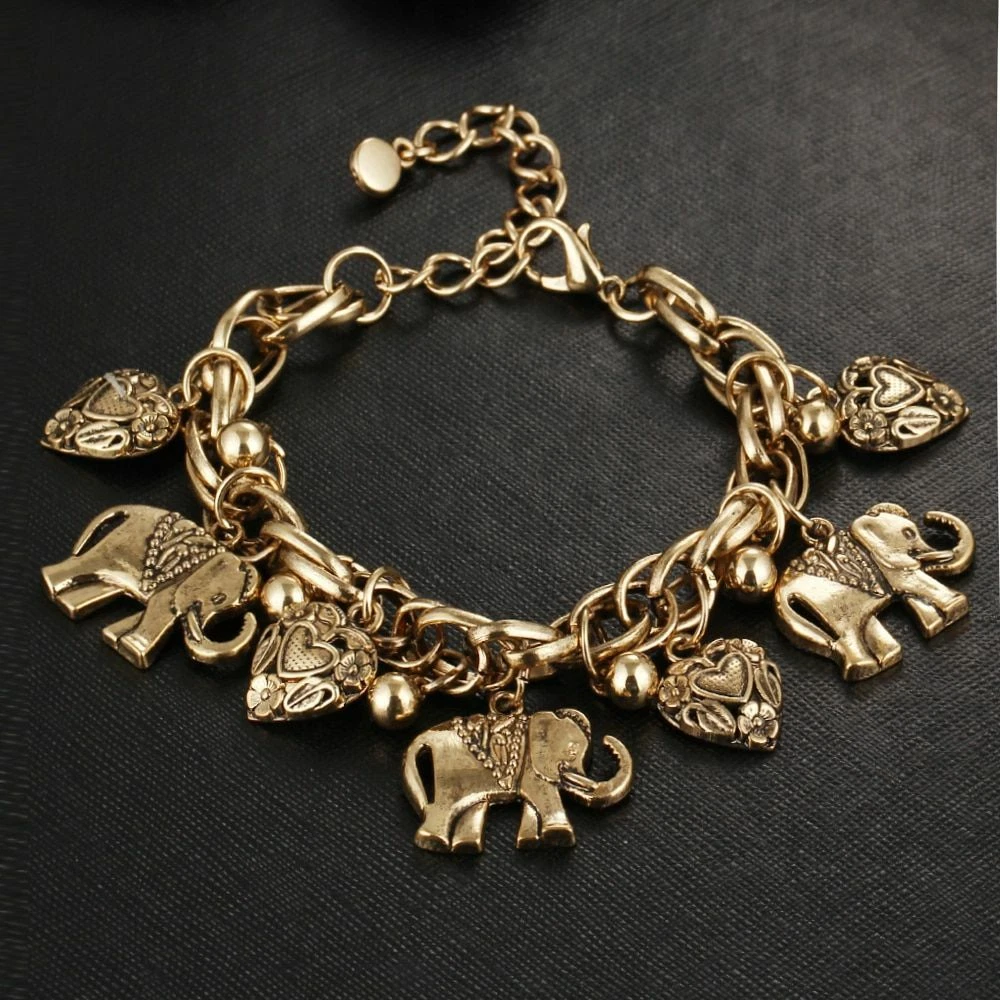 Elephant Charm Bracelets Girls Heart Bracelet Vintage Chain Bangle Women Jewelry