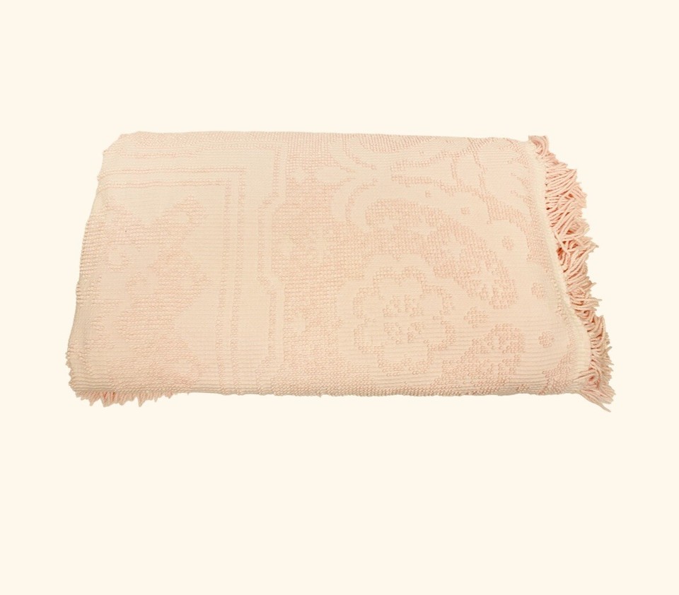 Mid Century Pink Chenille Bedspread 90” x 108” Fringe Vintage Bedspread