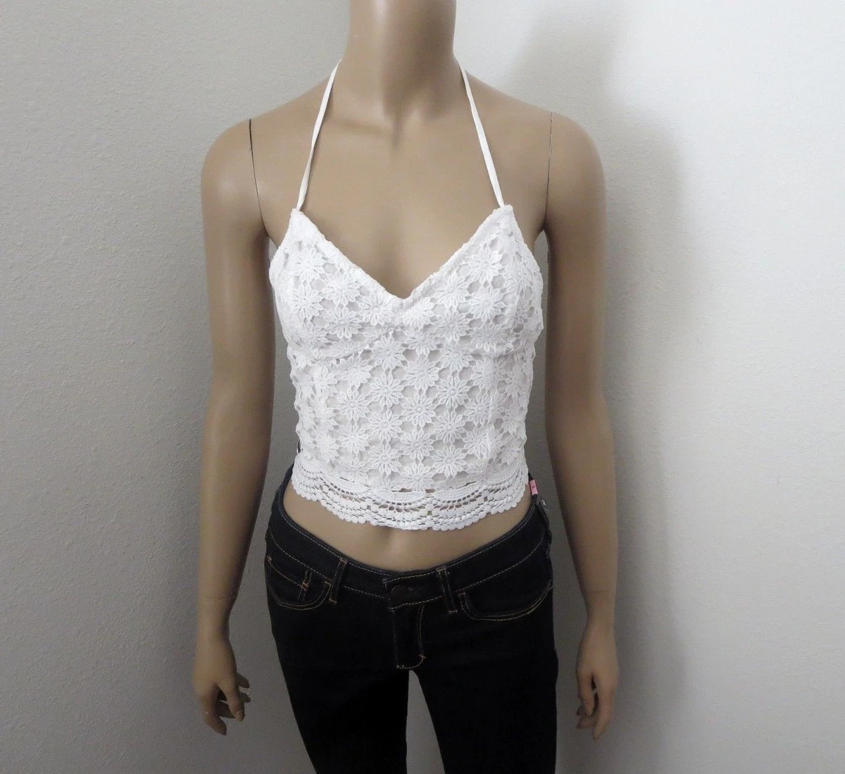 NWT Hollister Womens Crochet Lace Halter Crop Top Size XS White