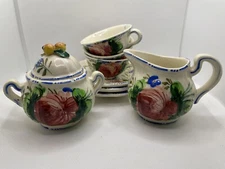 Italy Hand Painted Rose Creamer Sugar W/ 3 Teacups Saucers Small Chip Marked