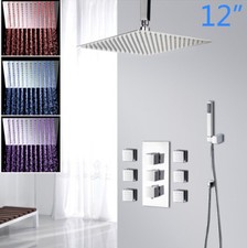 12" LED Chrome Shower Faucet Set Rain Square Head 6 Body Massage Jets Mixer Tap