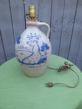 Rowe Pottery Lamp, Large, Salt Glaze Butter Churn Style Deer Cabin Hunter 1984