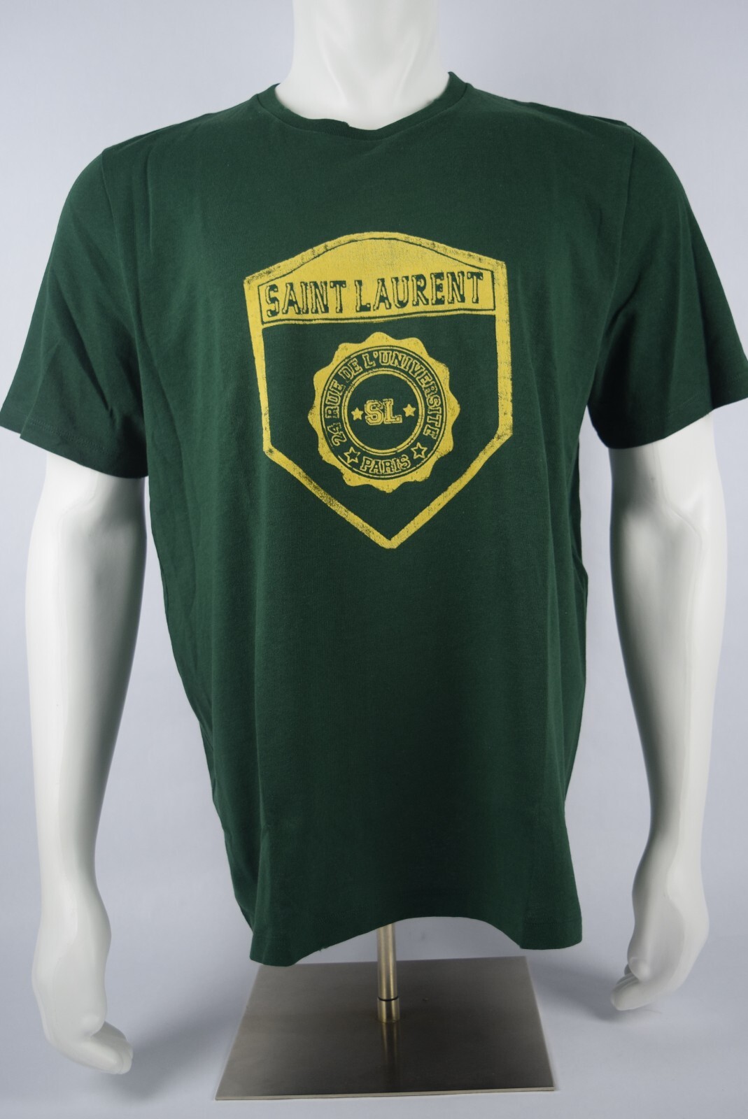 NUOVO! T shirt uomo YSL Saint Laurent logo università verde invecchiata tg XL Parigi