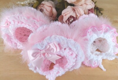 Baby Bonnet Hat Warm Hand Knitted Crochet Traditional Lace Marabou