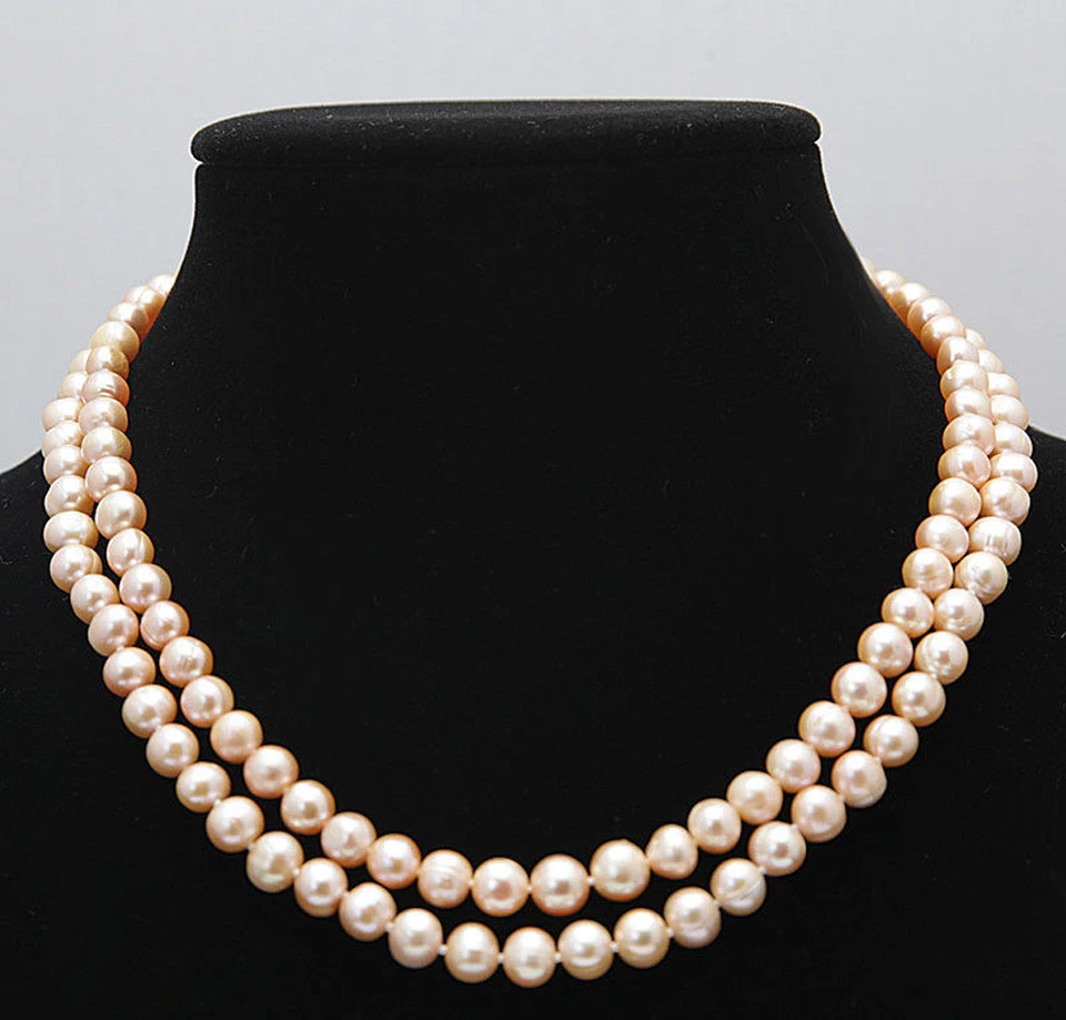Collar de cuentas de perlas cultivadas Akoya rosa natural de 2 filas de 7-8 mm 17-18" AA Foto 2 de 4